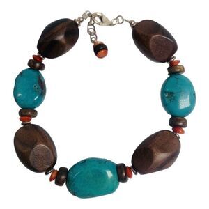 Womens Faux Blue Turquoise Brown Wood Beaded Silver Bohemian Vintage Bracelet 9”
